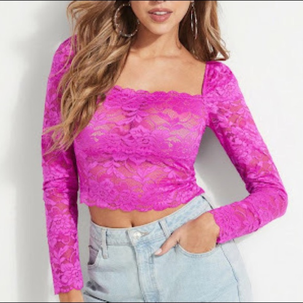 Guess Lace Crop Top in Vibrant Fuschia / Berry- Size M - Retail $89